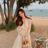 Elegant Sweet Dress Women Long Sleeve Chiffon Floral Dress Party Beach Dress for Females Korean Style 2021 Summer