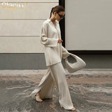 Fashion Long Sleeve Blouses Womens Two Peice Sets Casual Loose Slit Wide Trouser Suits Elegant White Pleated Female