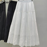 Boho Elegant White Long Skirt Women Hook Flower Hollow Folds Hem High-waisted Skirts Casual Holiday Female Clothes
