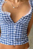Gingham Crop Tops Summer Y2k Clothes Women Lace Trim Button Up Square Neck Backless Tank Top Cute Girls
