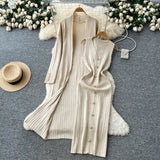 Senior Sense Loose External Medium And Long Knitted Cardigan Jacket + Sleeveless Metal Buckle Joint