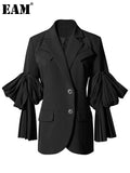 Women Black Pleated Irregular Blazer New Lapel Long Flare Sleeve Loose Fit Jacket Fashion Spring Autumn 2023