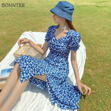 Women Short Sleeve Midi Maxi Retro Printing Side-slit Sexy Skinny Elegant Chiffon Holiday Chic Trendy Tunic French