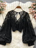 Autumn Black/White/Brown Sexy Lace Blouse Women Elegant V-Neck Puff Long Sleeve Open Back Short Tops Female Party Blusas