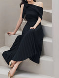 Fashion Women's Dress New Solid Color Slim Sloping Shoulders Turn-down Collar Pleated Dresses Female Summer 2023