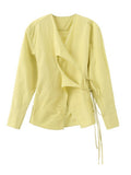 Fashion Women's Irregular Shirt V-neck Cross Bandage Waist Long Sleeve Blue White Yellow Thin Blouse Summer 2023 New
