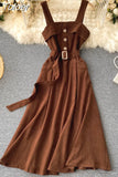 Korean Style Women Vintage Dress Autumn Winter Spaghetti Strap Sleeveless Belted A-line Midi Work Party