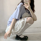 Kawaii Mini Skirts Women Lolita Lace Ruffle Patchwork High Waist Short Skirt Summer Harajuku Japanese Style Soft