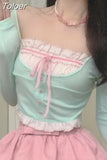 Skirt Outfits Summer Fashion 2 Piece Set Women Clothing Patchwork Crop Tops Lace Ruffles Mini Skirts Suit Korean Cute