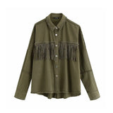 Stylish Fringe Beaded Loose Denim Jacket Coat Women Fashion Long Sleeve Frayed Trim Ladies Outerwear Chaqueta