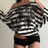 Street Hottie Windflash Print Striped T-Shirt Big Round Collar Loose Bat Sleeve Long Sleeve Short Leisure