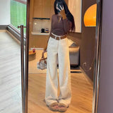 Apricot High-Waist Plus Velvet Thin Straight Jeans Women 2025 Autumn And Winter Loose Commute Wide-Legged