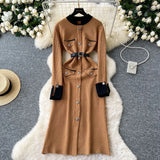 And Winter Small Fragrant Style Long-Sleeved Temperament Dress Elegant Metal Button Decoration Waist Open Fork Knitting