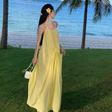 Toloer Hanging Neck Cotton Linen Dew Back Holiday Dress Female Leisure Loose Temperament Halter Belt Long