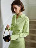 Ruched Irregular Dress For Women Lapel Long Sleeve High Waist Solid Minimalist Mini Dresses Female Autumn