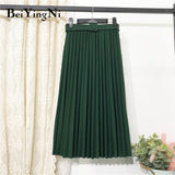 Women Pleated Midi Skirt High Waist Belt Korean Plus Size Spring Summer 2020 Casual Elegant Skirts Ladies Fashion