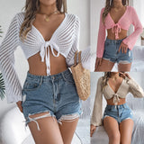 Shooting Summer Hollow Stripe With Long-Sleeved Umbilked Knitted Cardigan Sunscreen Women's