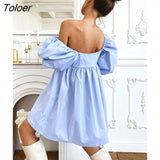 Sexy Blue Mini Dress Women Square Neck Short Puff Sleeve Female White Dress High Waist Loose A Line Dresses 2022