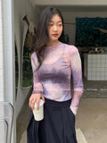 Korean Purple Tie-dye Mesh Top See Through Translucent Sheer Tops Women Designer Thin Basic T-shirt Y2k Aesthetics