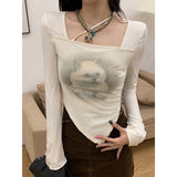 Cat Printed Long Sleeve Crop Tops Women Sexy Slim Square Collar Irregular T-shirt Autumn Chic Design Streetwear
