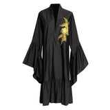 Vintage Loose Dress For Women V Neck Flare Sleeve High Waist Embroidered Midi Dresses Female Summer Clothing