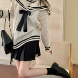 Women's Sweater Oversized Korean Version Loose Fashion Sweet Navy Collar Lapel Bow Cute Long-Sleeved Knitted Sweater