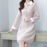 Korean Elegant Pink Plaid Tweed Dress Femme 2022 Autumn Vintage Single-Breasted Ladies Slim Waist Party Dress