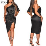 Party Dresses Slim Split Shine Short Sleeve One Shoulder Girls Backless Sexy Elegant Summer Midi Dress For Women