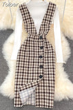 Fashion Women 2 Piece Set Autumn Winter Long Sleeve Pullover Sweater Top + Plaid Tweed Pencil Dress Suits Elegant