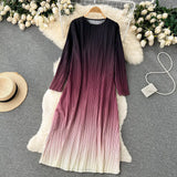 Autumn Vintage Women Draped Dress Elegant Round Neck Long Sleeve Loose Pleated Robe Female Casual Gradient Vestidos New