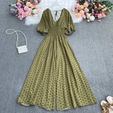 dot holiday casual wide leg jumpsuits V Neck Puff Sleeve Waist Elastic Rompers loose beach long