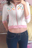 Kawaii Hoodie Pink Patchwork Zipper Floral Print Hooded Sweatshirt Sweet Zipper Jacket White Y2K Cardigan Women