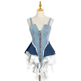 Toloer 2024 New Sexy V Collar Color Splicing Cowboy Zipper Waist Vest Irregular Halter Top Female-Outfit