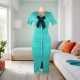 Small Fragrant Temperament V-Neck Bow Bow With Beads Button Opening Knitted
