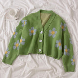 Style Flower Knit Cardigans Sweater Women V Neck Loose elegaht Thicked Pull Femme Print Short Casual Coat