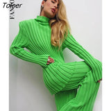 Knitted Turtleneck Striped Women Sweater Two Piece Set Green Long Sleeve Casual Set Women Autumn Warm Slim Partywear