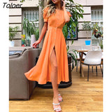 A-Line Office Womens Dress Lantern Sleeves Split Midi Dresses Elegant Ruched Summer Fit Flare Long Dresses