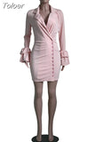Fashion Women's Bodycon Party Dress Classic Nothced Collar Ruffle Long Sleeve Dresses Simple Button Decoretion