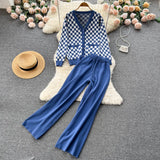 Plaid Knitted Two Pieces Suit Women Loose Knit Cardigan +Wide Leg Knitted Long Pant 2022 Winter OL Casual Sweater