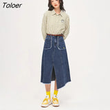 Women Denim Skirt 2022 Autumn A Line A Line Irregular Middle Waist Split Chic Casual Streetwear Midi