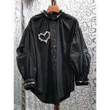 Korean Fashion Patchwork Diamond Shirt For Women Stand Collar Long Sleeve Solid Button Through Blouse Female