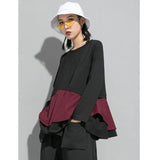 Women Red Ruffles Hem Big Size Irregular T-shirt New Round Neck Long Sleeve Fashion Tide Spring Autumn 2023