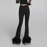 Black Flare Pants For Women High Waist Solid Minimalist Patchwork Feathers Hem Trousers Female Spring Clothing