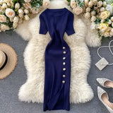 Solid Korean Vintage High Waist Women Dress Bodycon Sexy Stretch Knitted 2022 Summer Dresses Chic