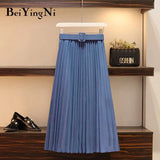 Women Pleated Midi Skirt High Waist Belt Korean Plus Size Spring Summer 2020 Casual Elegant Skirts Ladies Fashion