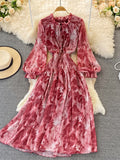 Autumn Women Printed Long Dress Vintage Ruffle Stand Collar Puff Sleeve High Waist Elegant Maxi Robe Female Big Swing