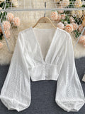 Sexy Hollow Out Women's Blouse Elegant Deep V-Neck Slim Short Shirts Female Puff Long Sleeve White Tops Autumn 2022 Blusas