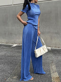 Fashion Women's 2 Pcs Set Pleated New Round Neck Loose Short Sleeve Tops And Highwaist Straight Pants Summer 2023