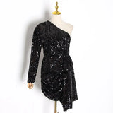 Sequined Women Dress Asymmetrical Collar Puff Long Sleeve High Waist Bow Irregular Dresses Female Fashion 2020