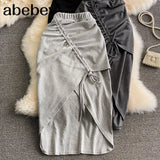 Women Knit Skirt Sexy Drawstring Ruched Irregular Midi Skirt Fashion Streetwear Solid High Elastic Waist Party Club